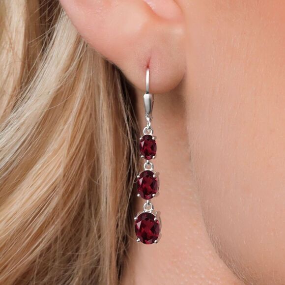 925 Sterling Silver with 5.50 Cttw 3 Stone Rhodolite Garnet Leverback Earrings - Picture 2 of 5